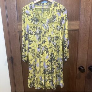 Anthropologie Floral Midi Dress in Green with Navy & Purple Accents